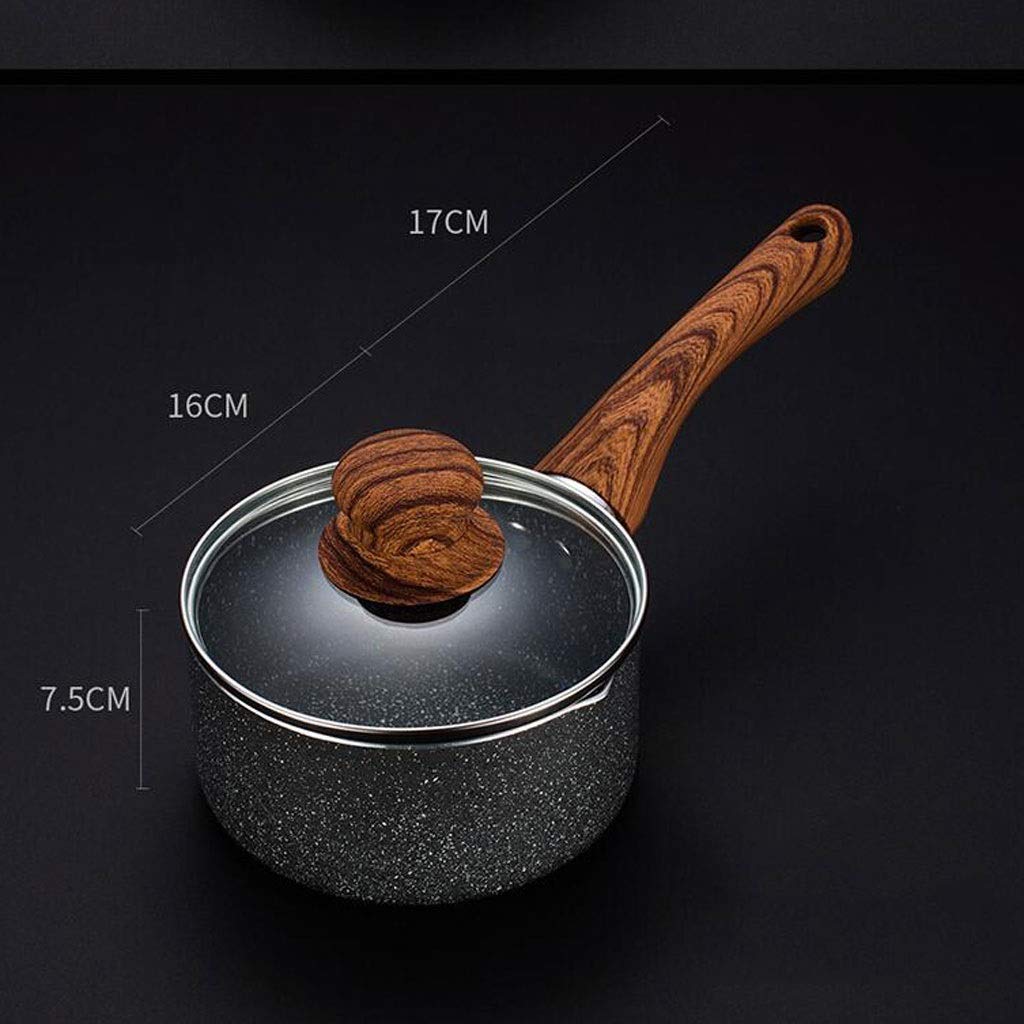 Pentola Piccola per Il Latte, Rivestimento Antiaderente con Coperchio, Manico in bachelite con venature del Legno Vintage, Adatta a Tutti i fornelli, Incluso scaldacaffè a induzione (16 cm)