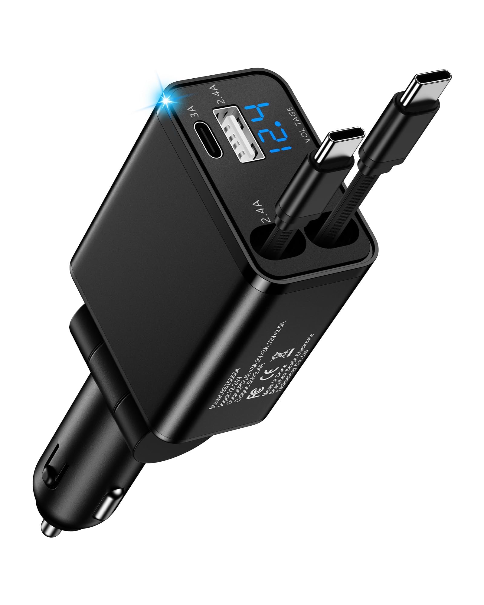 Caricatore retrattile per telefono da auto per iPhone 17 Samsung Android, 4 in 1 adattatore di ricarica veloce USB C con 2 cavi USB C flessibili, accendino USBC, regalo per uomini gadget per auto