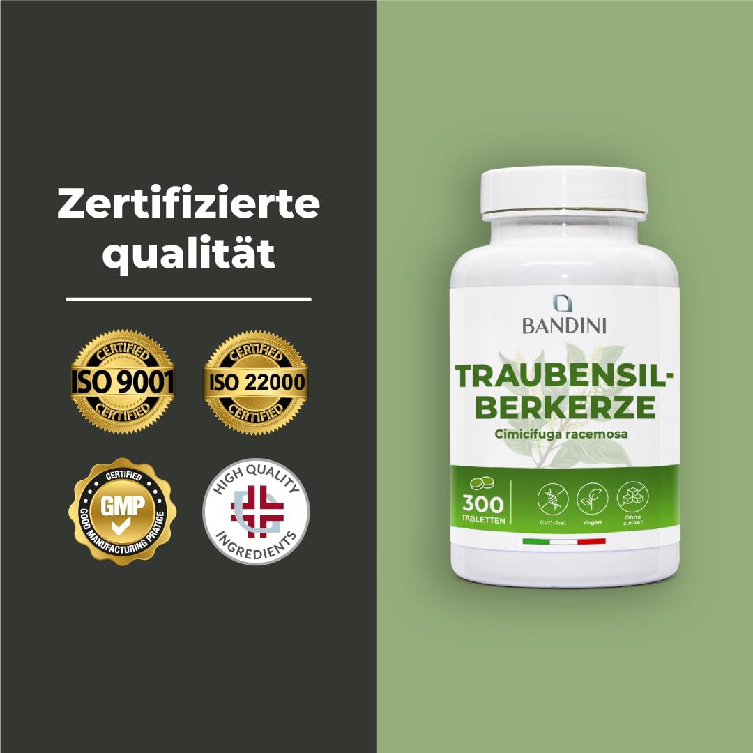 Bandini® Traubensilberkerze 300 Tabletten | Cimicifuga racemosa oder Actaea racemosa Hochdosiert mit 300mg pro Tagesdosis | Trauben-Silberkerze Extrakt | Black Cohosh | Natürlich und Vegan Supplement
