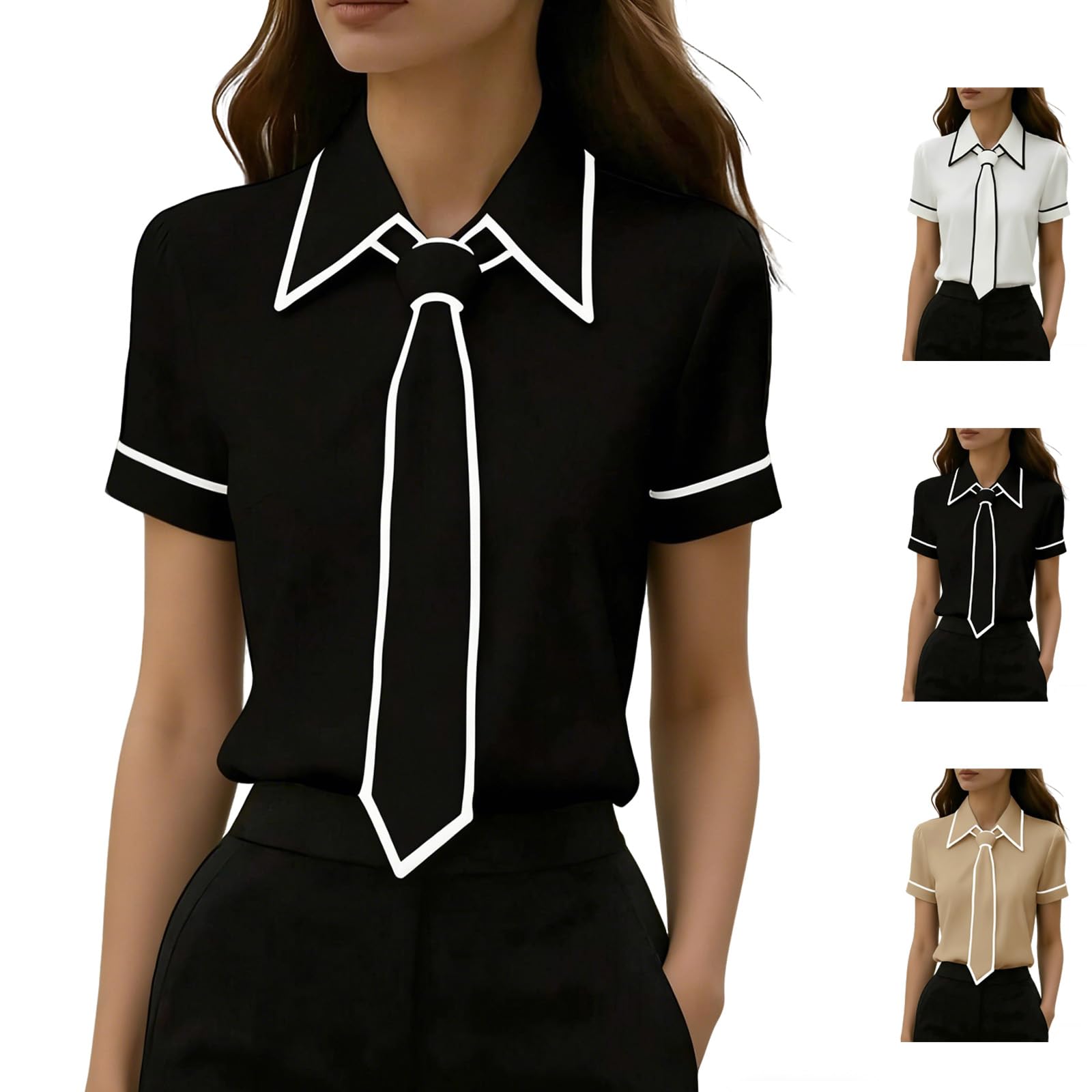 Blusa de satén de manga corta con botones para mujer, elegante, delgada, para negocios, trabajo, oficina, informal, con lazo en el cuello