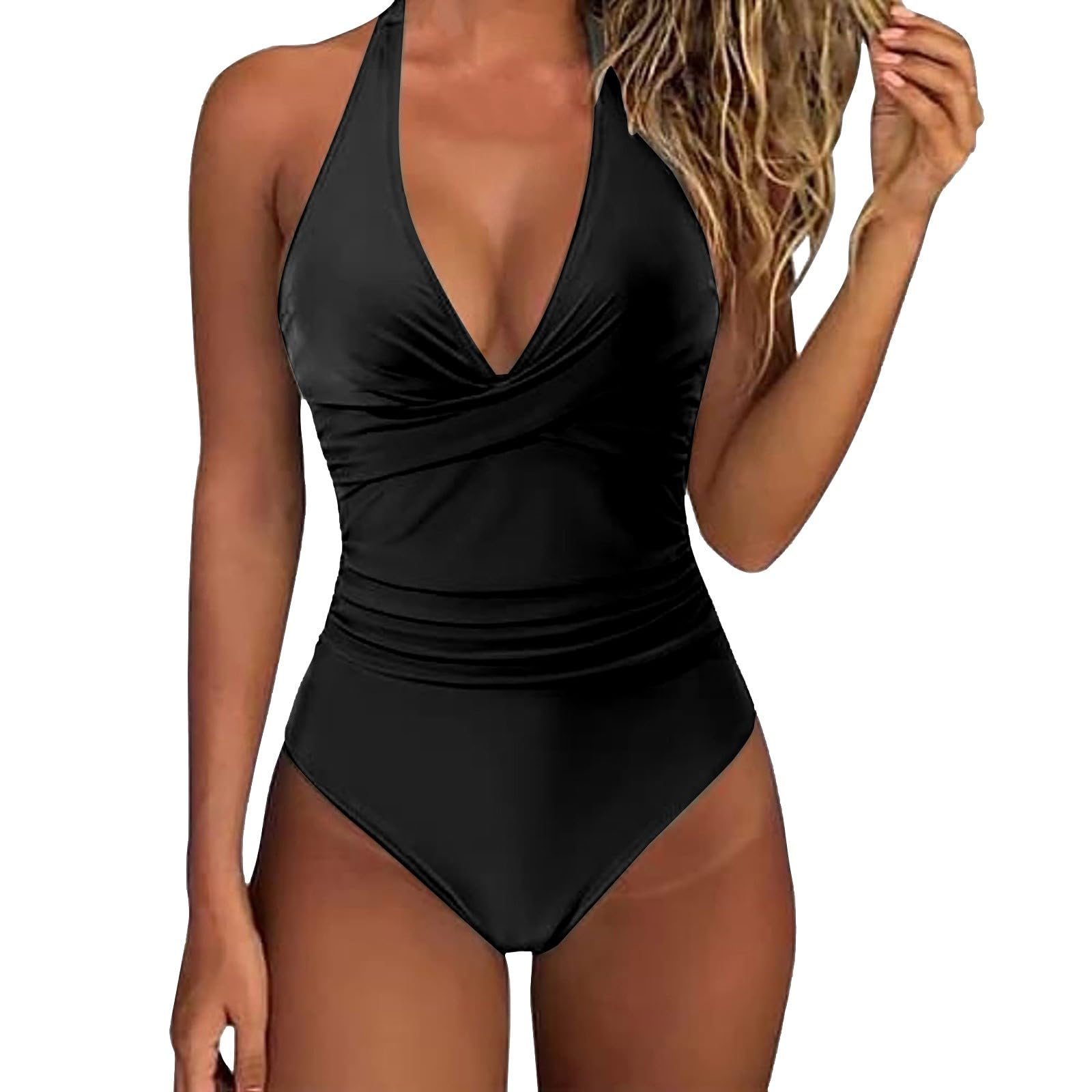 riou Bañador Mujer Reductores Barriga Sexy Espalda Expuesta Vientre Plano Ropa de Baño Traje de Baño de Una Pieza Mujer Fruncido Bañador Natacion Halter Cuello en V Push Up Traje de baño