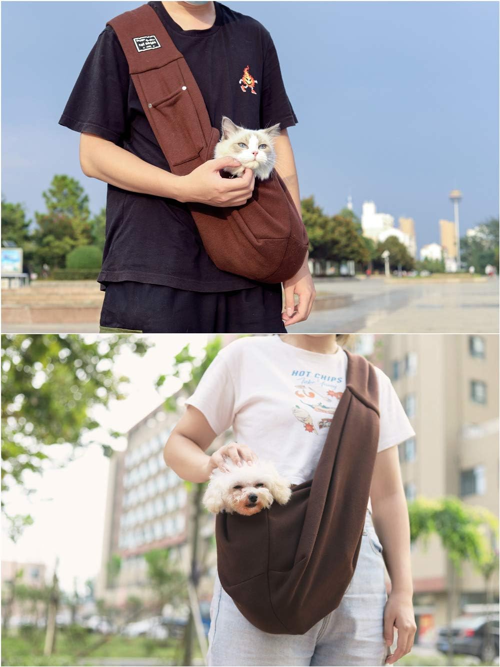 ペット抱っこ紐 スリング ショルダー バッグ 10kgまでの猫、犬、子犬、小型犬対応 飛び出し防止用ストラップ付 カバン おしゃれ ブラウン