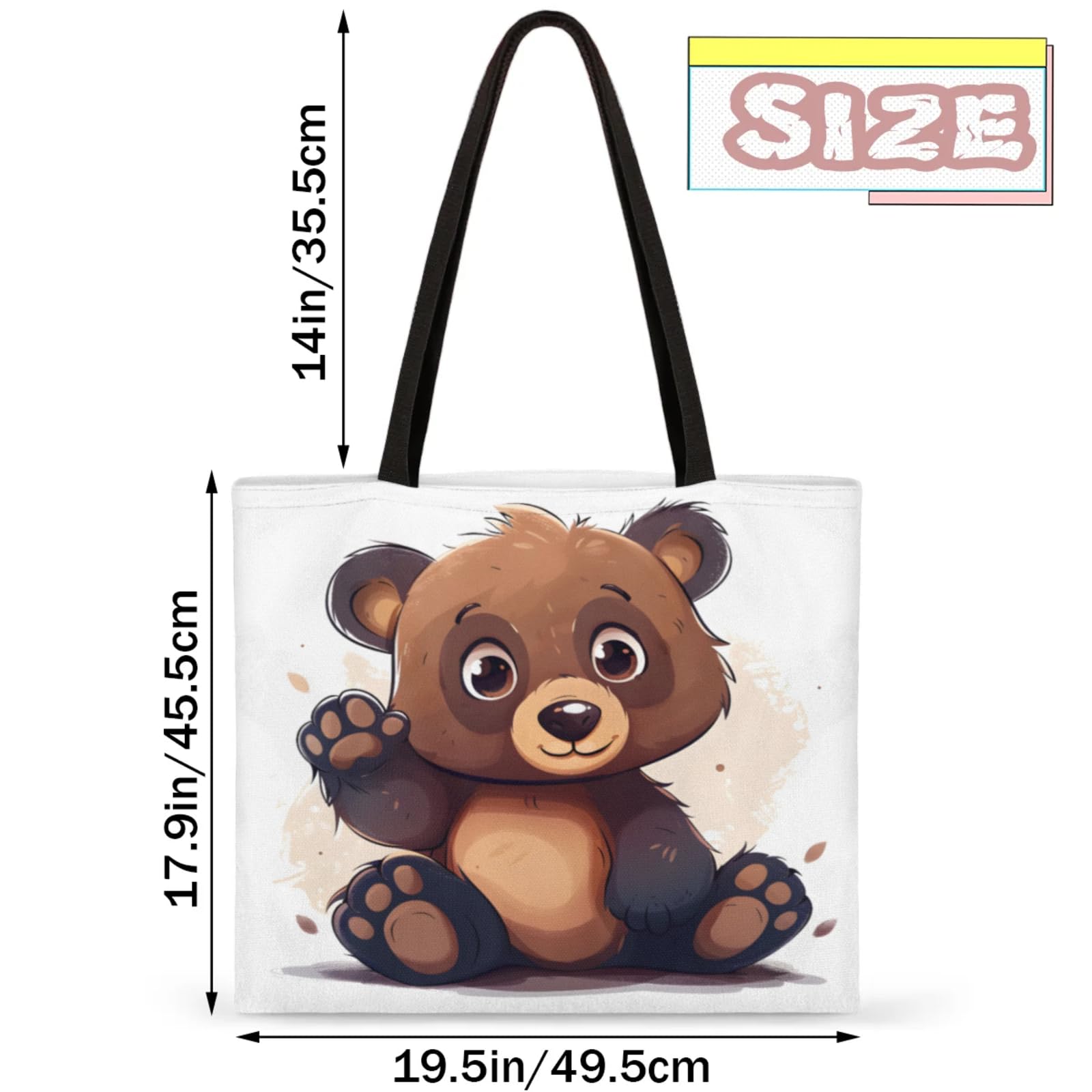 Mularoka Cute Hand Painted Bears Square Canvas Tote Bag Top Handle Purses Stylish Women Canvas Shoulder Tote Bags Reusable Handbags for Work Travel Picnic Beach Shopping Gym Hiking