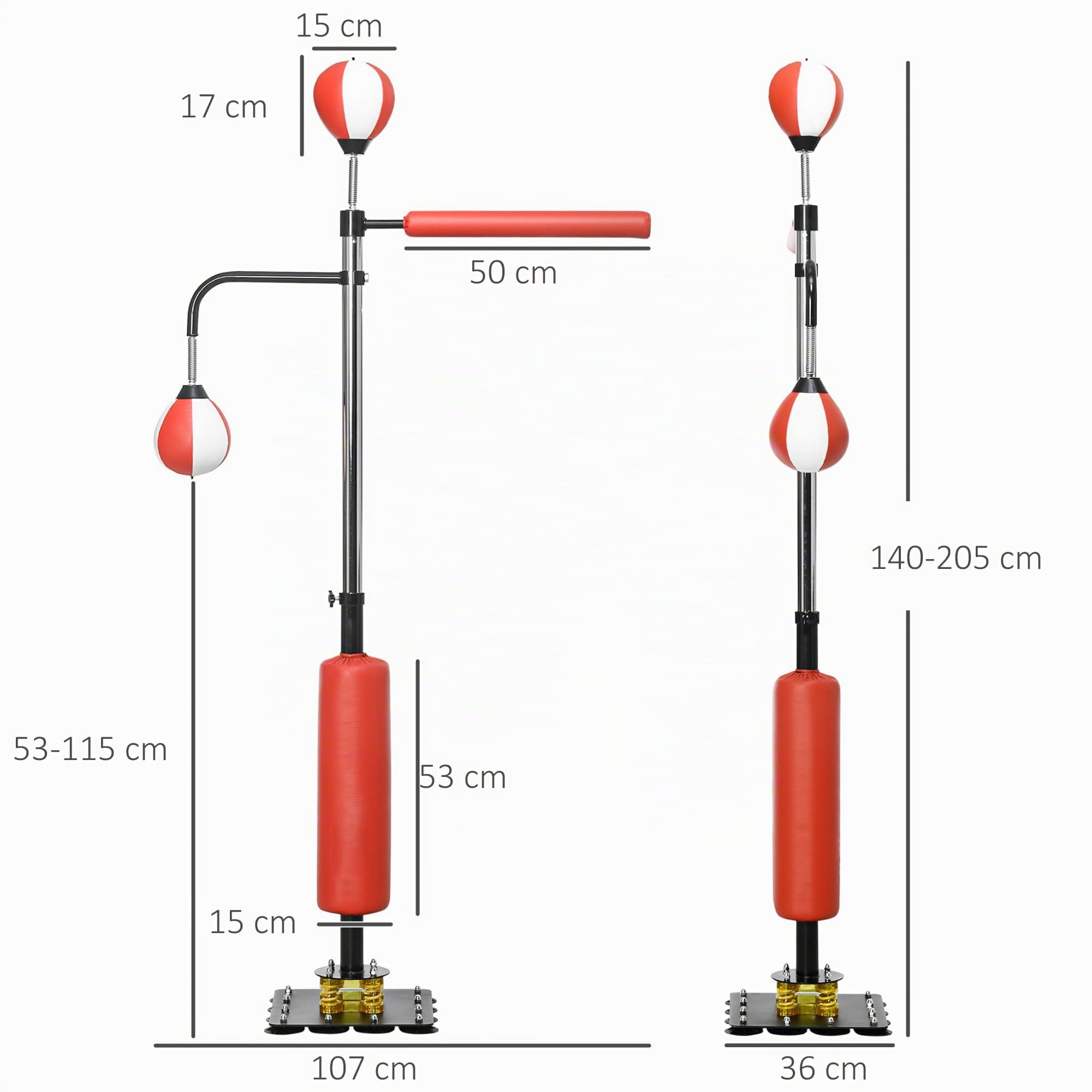 SPORTNOW Standbox Freistehender Boxsack, 140-205cm höhenverstellbarer Standbox-Trainer mit 2 Speedbällen, Reflexstange, Saugnapf-Basis für Erwachsene, Jugendlichen