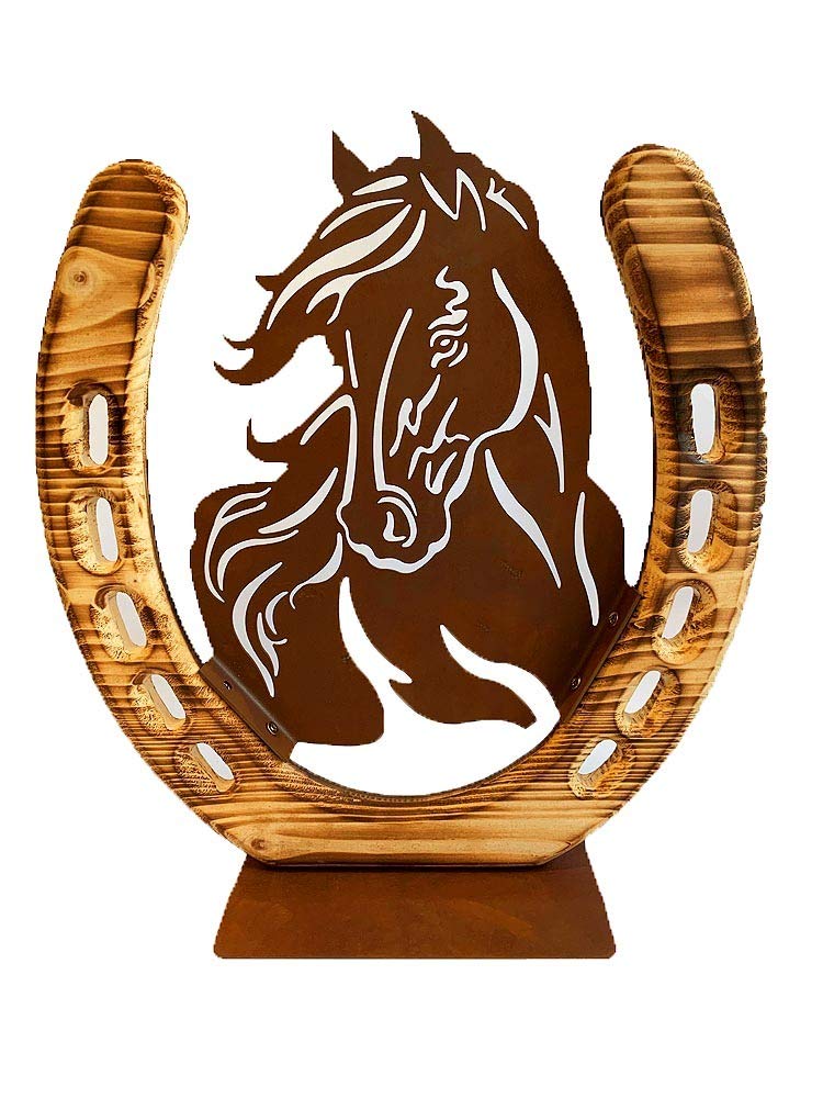 Dekofigur im Rost Design Pferd mit Hufeisen - Rostfigur für den Garten, Geschenk für Reiter
