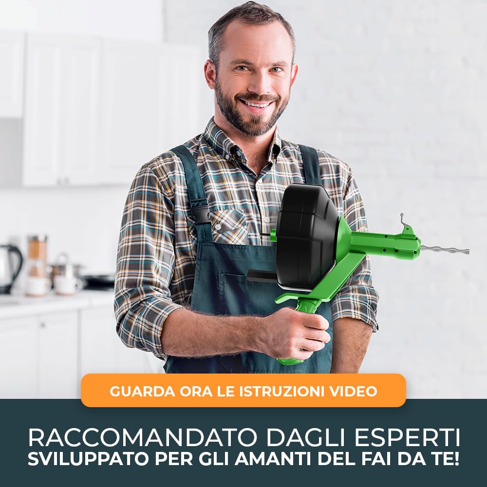 Meisterfaktur Sonda Sturatubi per Pulizia [10,5 m] - Funzione Automatica - Molla Stura Tubi Ideale con Alimentazione Automatica - Sonda Idraulica Stura Lavandini e Scarichi per Amanti del Fai da Te!