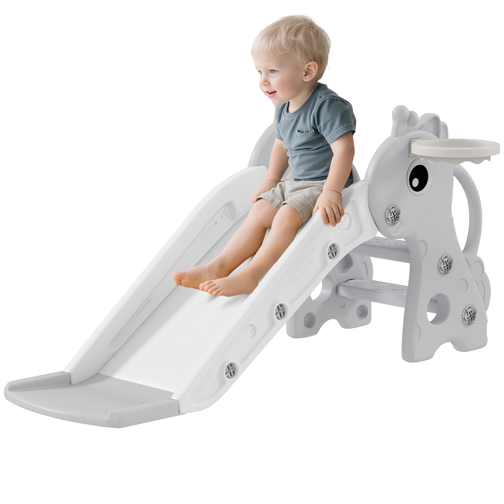 AIYAPLAY Tobogán Infantil 3 en 1 con Escalera 1 a 3 Años Gris | Tobogán para Niños, Canasta de Baloncesto, Diseño de Jirafa, para Interior, 106x51,5x52 cm