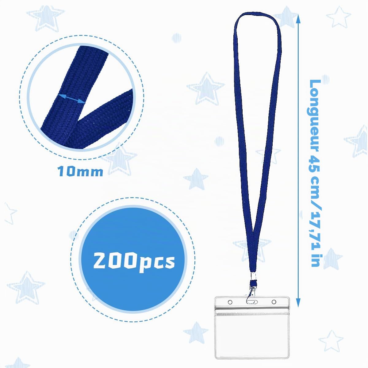 BUYGOO Lanyards Lot de 200 cordons tour de cou avec fermoir mousqueton pour clés personnalisées pour étudiant, infirmière, NHS ID Bleu pour enfants, 45 cm