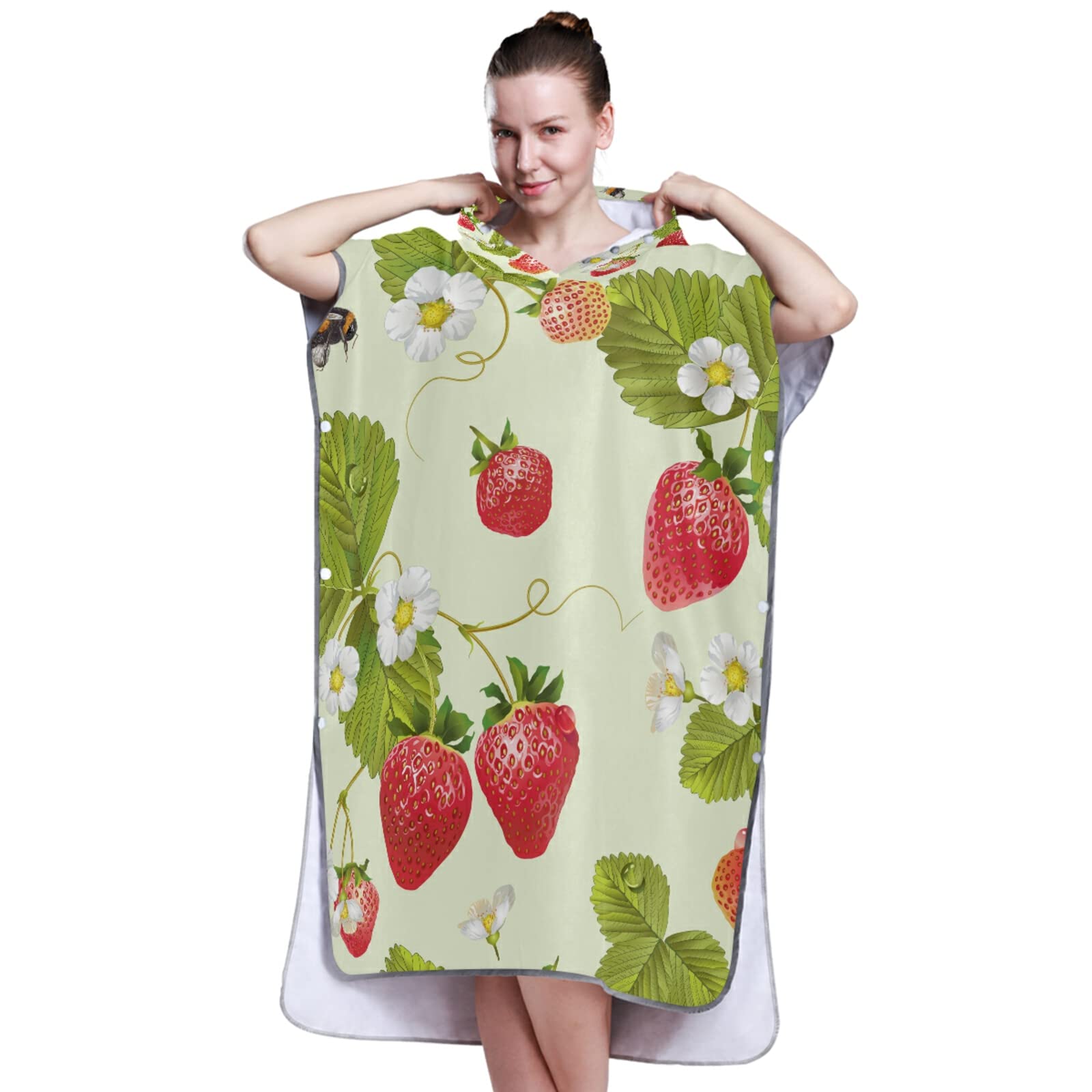 Rot Surf-Poncho mit grünen Blättern mit weißen Blumen in Hellgrün für Erwachsene mit Kapuze und Tasche, schnelltrocknend, Mikrofaser-Handtuch für Bad, Strand im Freien
