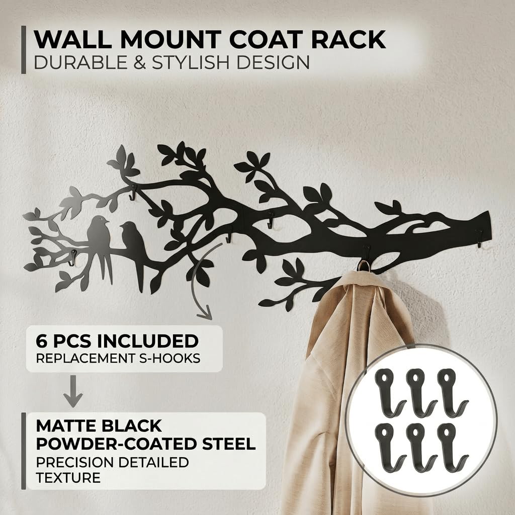 Appendiabiti da parete metallo nero 105 x 40 cm con design a ramo e uccelli — 6 ganci, acciaio verniciato a polvere portata 25 kg, ideale per ingresso, camera e ufficio, attaccapanni da muro