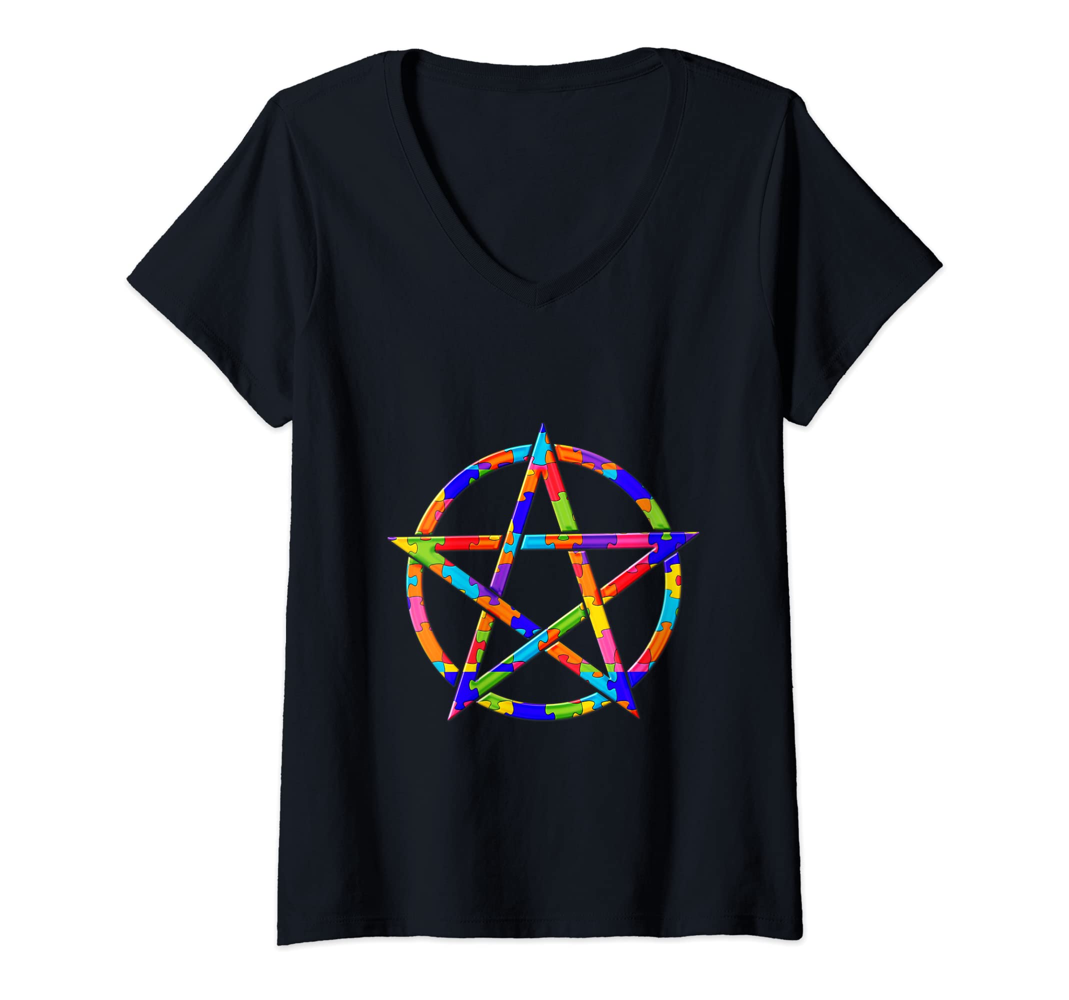 Womens Star of David, jew Pentagram Jigsaw Autism Puzzle V-Neck T-Shirt