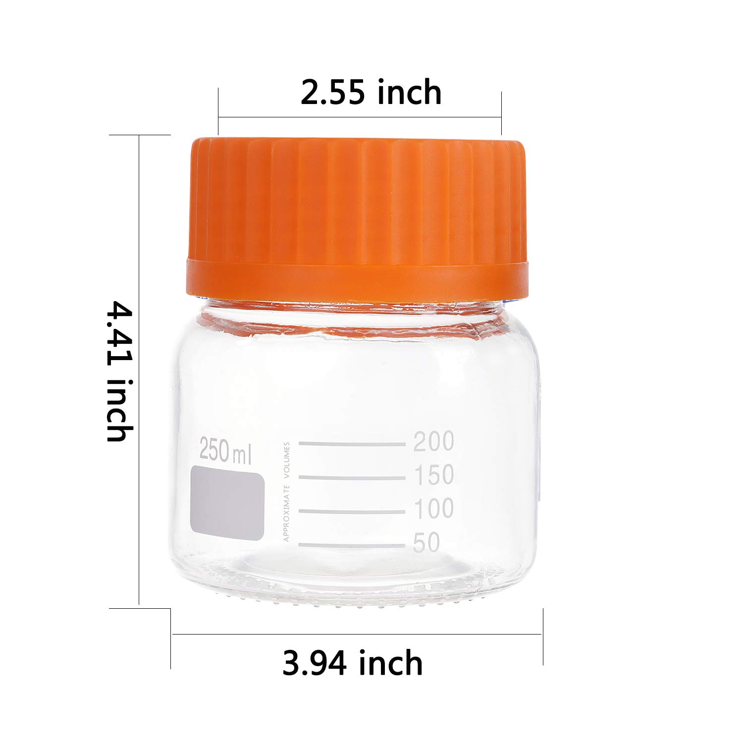 Pyrex - Paquete de 6 botellas de vidrio redondas graduadas de boca ancha de 250 ml con tapón de rosca de polipropileno naranja GL80