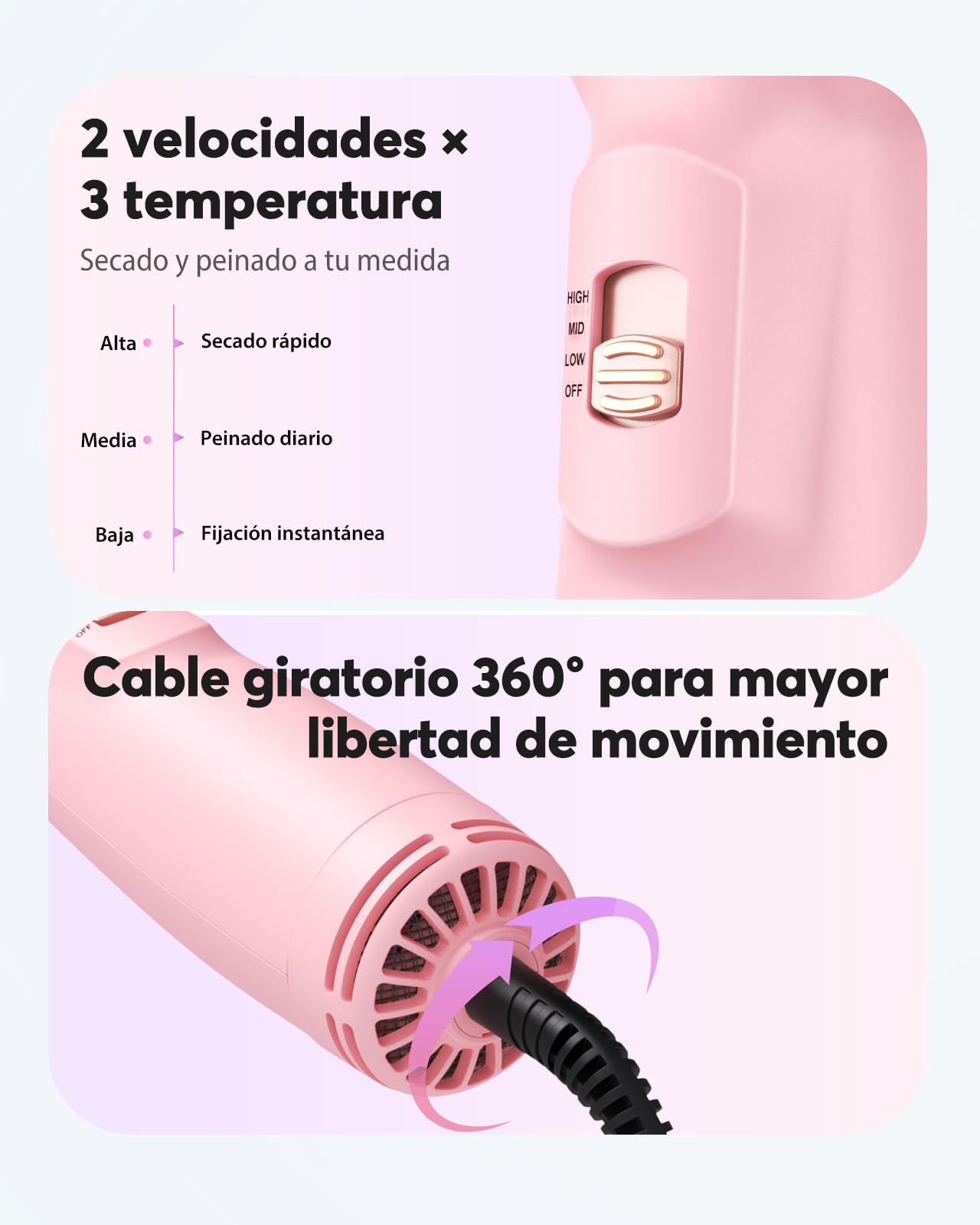 Bopcal Cepillo de Aire Caliente 4 in 1, Secador Iónico Portátil para Pelo Liso, Volumen y Rizos, Mini Cepillo Redondo de Viaje con Doble Voltaje, 3 Niveles de Temperatura y Adaptadores US/UK