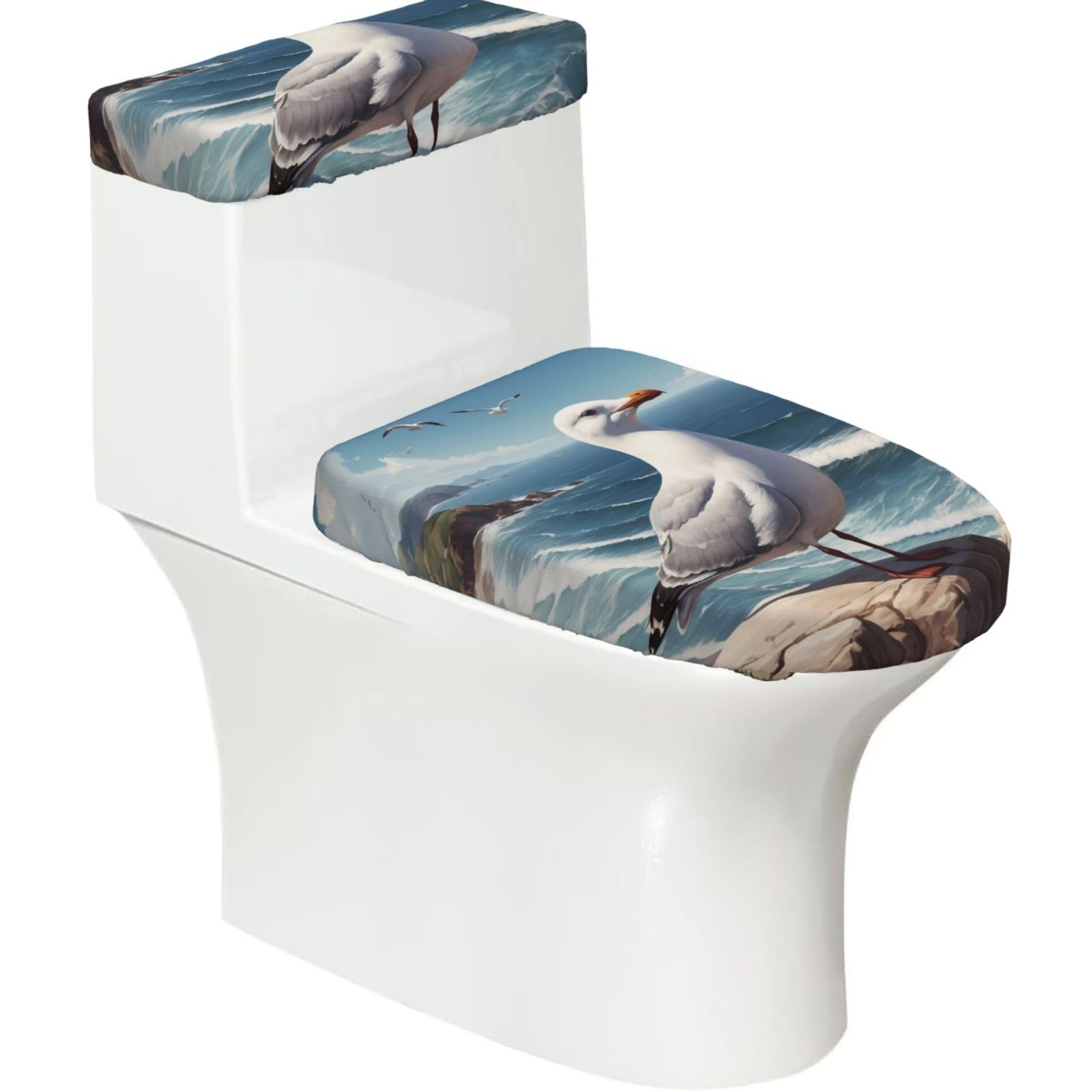 Wzycwb Black Seagull 2-Piece Toilet Seat Cover Set With Tank Lid, Elastic Fit For U-Shape & Elongated Toilets, Bathroom Decor, Housewarming Gift