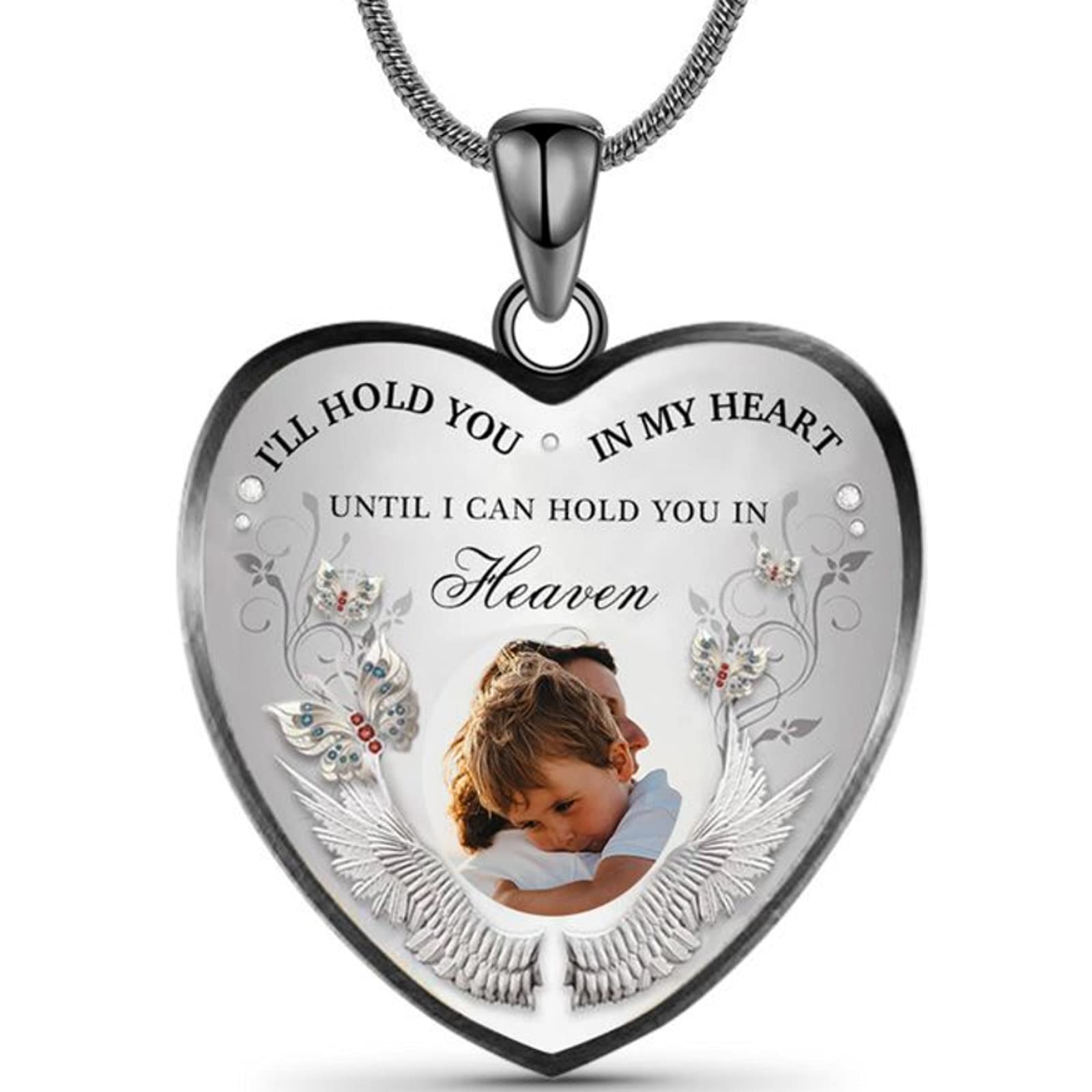 Personalized Photo Necklace Custom Picture In Memory Heartshaped I'll Hold You In My Heart With Wings Snake Chain Necklace Pendant Jewelry Gifts for Men Women Him Her Mom Couple
