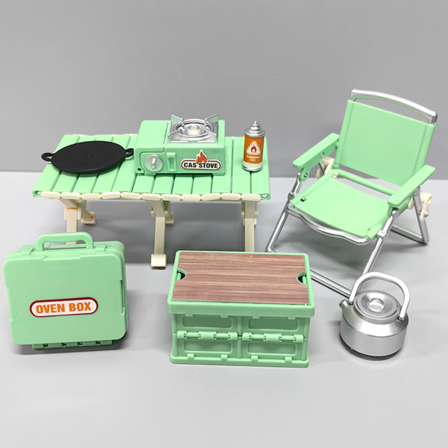 Set di 8 mini mobili da campeggio, in miniatura, set di mini tavoli da campeggio, sedie pieghevoli, fornello a gas, padella, contenitore per picnic, esterni, piccolo set da giardino