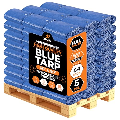 Image of Multipurpose Protective Cover Blue Poly Tarp 30' x 50' - Bulk Full Pallet (54 Pack) Durable, Water Resistant, Weather Resistant - 5 Mil Thick Polyethylene - by Xpose Safety