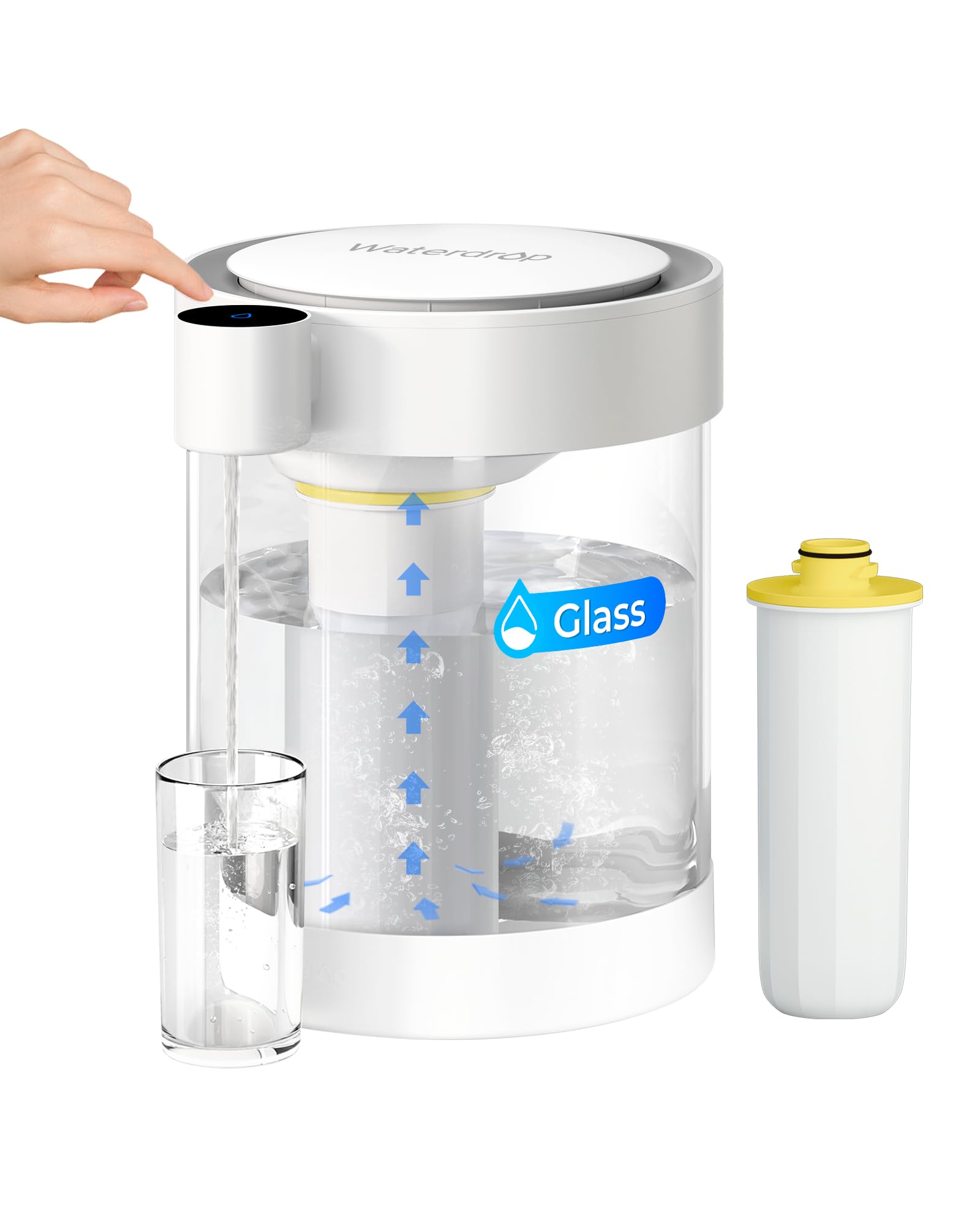 Waterdrop Dispensatore di filtri per acqua istantaneo in vetro, potente caraffa elettrica da 22 tazze, riduce più di 70 contaminanti