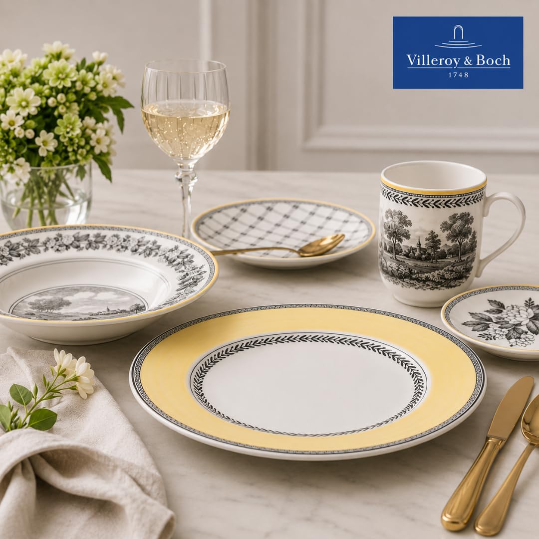 Villeroy & Boch Audun Fleur Plato llano, 27 cm, Porcelana Premium, Blanco/Gris/Amarillo | Porcelana, diseño multicolor, una pieza, entrantes, ensaladas compuestas, aperitivos compartidos
