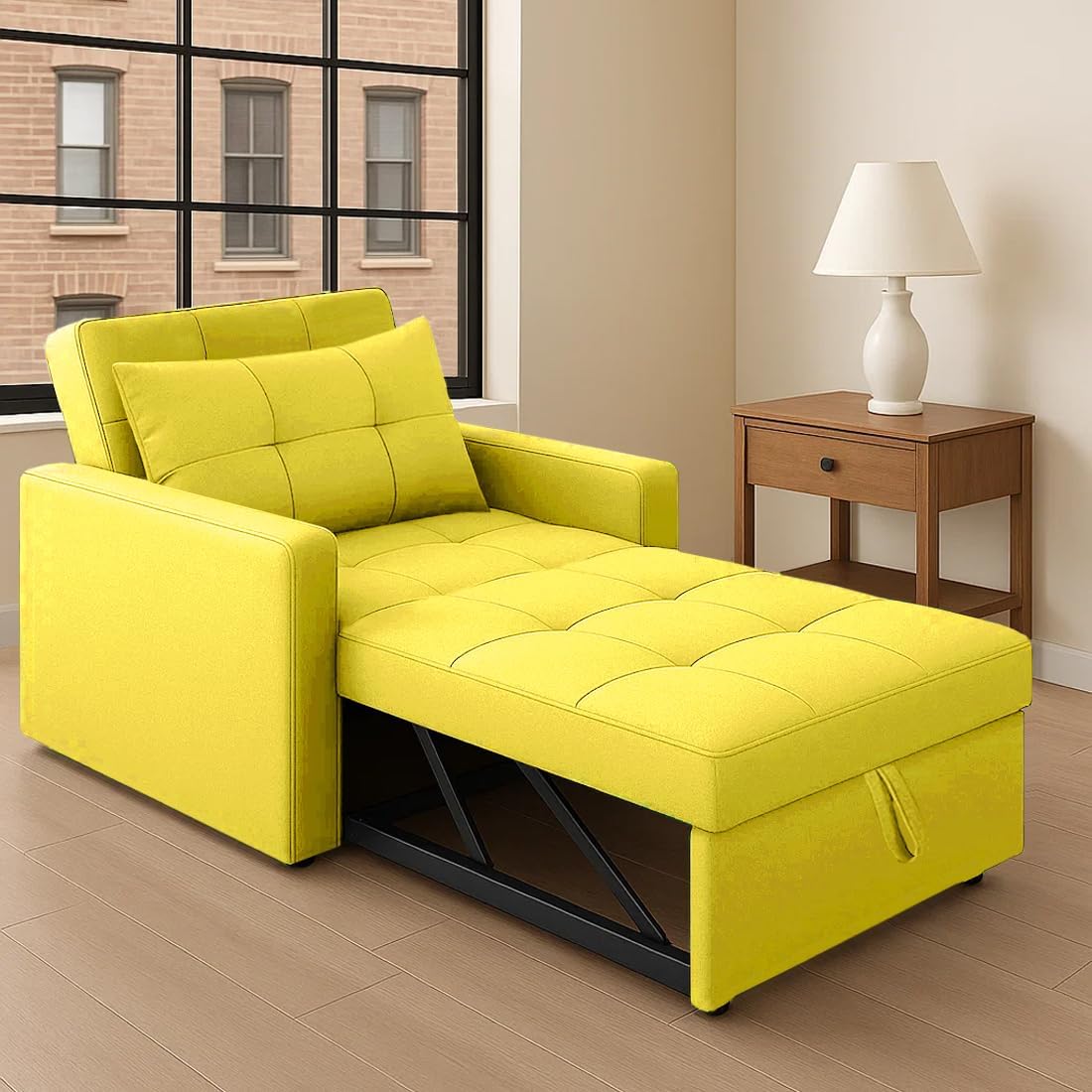 FURNY Tressa 1 Seater Pull-Out Premium Sofa Cum Bed Sofa Set for Living Room (Yellow Velvet Fabric)-image-3