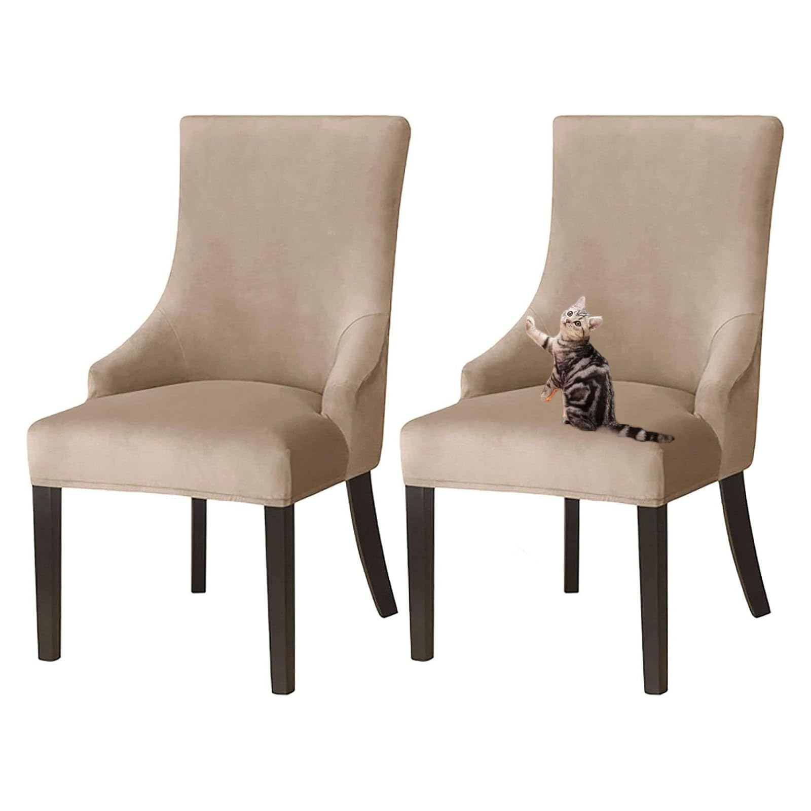 GUYIRT Velvet Wingback Dining Chair Covers, Stretch Wingback Side Chair Slipcover Washable Sloping Armchair Cover for Kitchen Banquet (camel,set of 2)