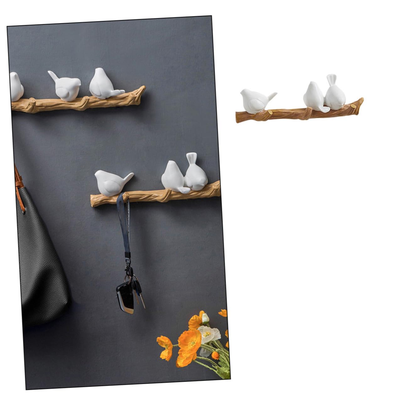 Gancho Decorativo de Pared Pájaro sobre Rama, Resina de Color Claro