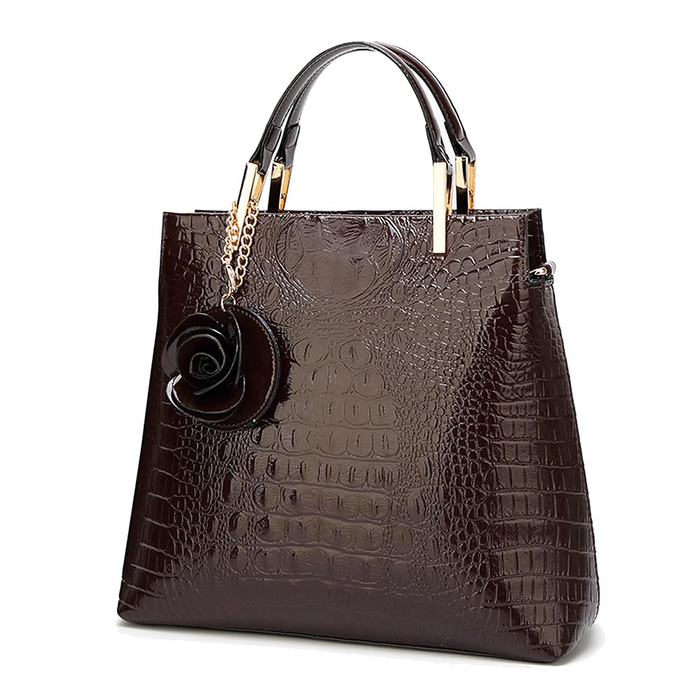 Bolsos de Mano con Bandolera en Cuero de Patente de PU para Mujer Bolso de Hombro Bolsos Bandolera Bolso de señora con Estampado de Piel de cocodrilo para Mamá Marrón