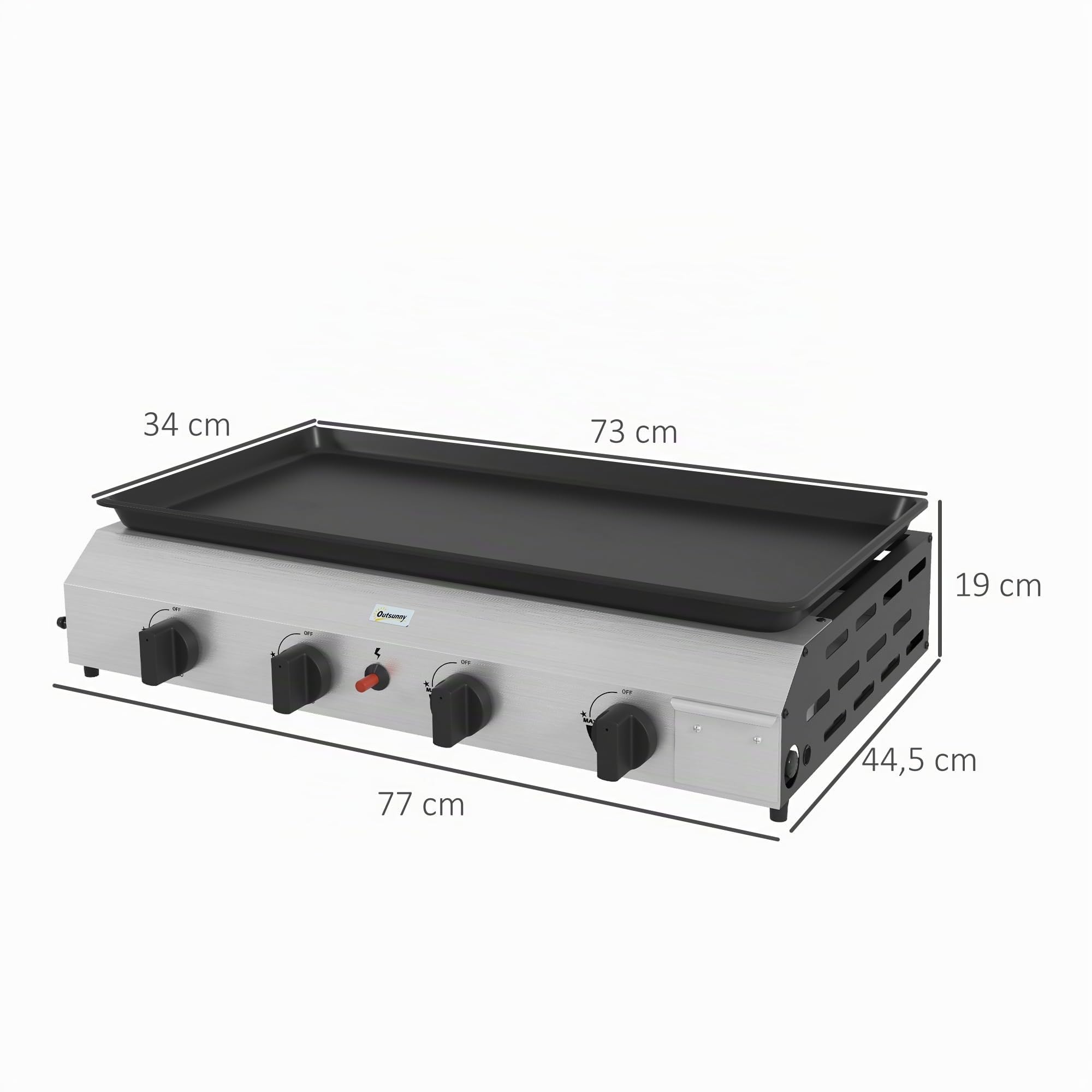 Outsunny Plancha de gas de acero inoxidable esmaltado placa de cocción 4 quemadores 9,6 kW antiadherente gran superficie de cocción 73 x 34 cm, transportable