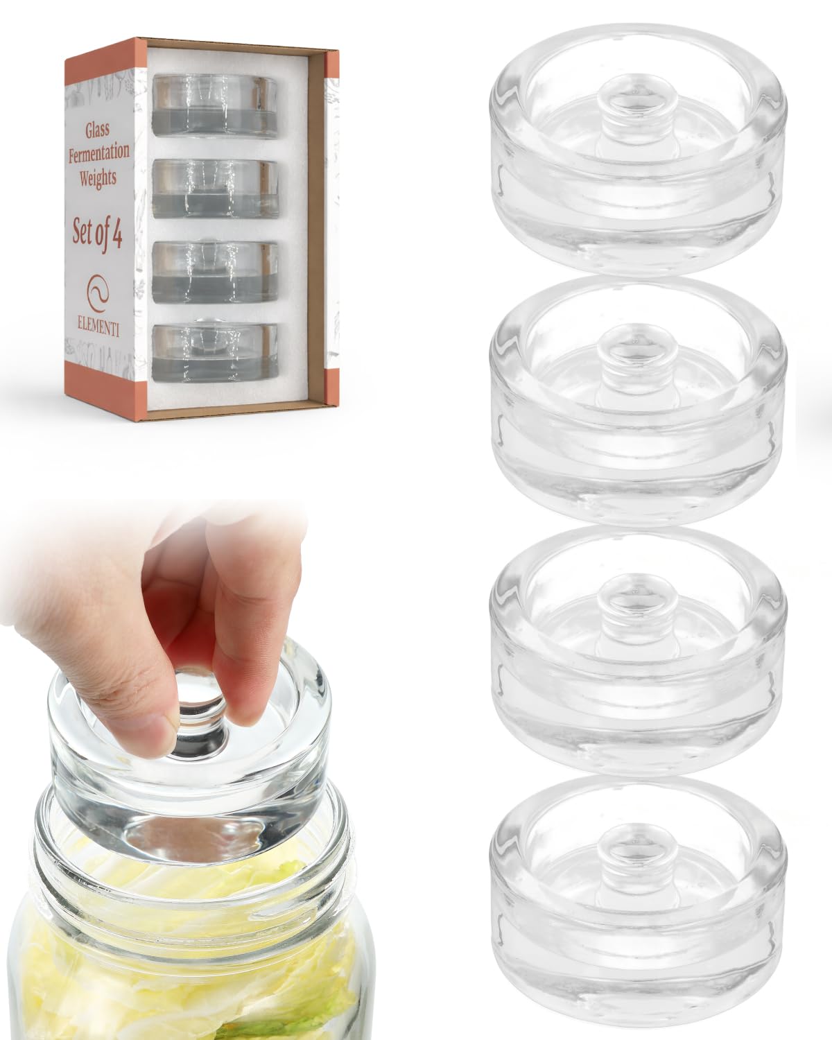 Elementi Glass Fermentation Weight Set of 4 - Easy Grip Fermenting Weights, Perfect Fit for Wide Mouth Mason Jars, Durable Soda-Lime Glass for Sauerkraut, Kimchi & More - Pickling & Canning Weights