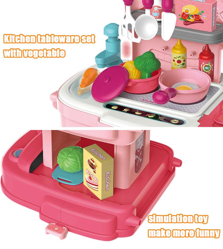 Image of 34 Piece School Bag Packing Pretend Play Cooking Game Kitchen Set Toy for Kids Girls | Modern Chef Kitchen Playset with Accessories | Portable Kitchen Role Play Toy (Chef Kitchen Pink)