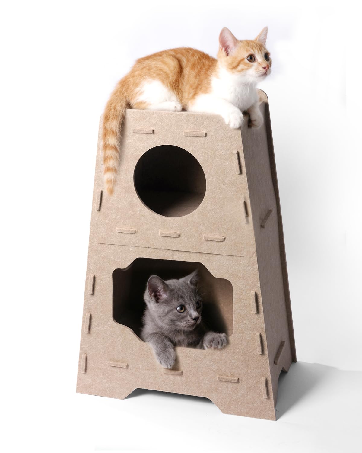 Pawtasy Katzenhöhle Filz Katzenhaus aus Filz für große Katzen, Katzen Höhle 3-Ebenen, Trapezform Stabiles Katzenbett Höhle, Filzhöhle Indoor Aussichtsplattform & Versteck, 50 x 31 x 73 cm, Beige