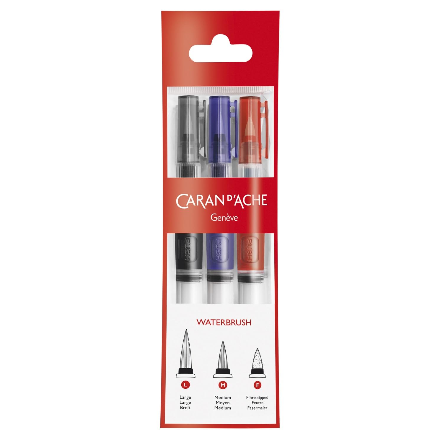 Caran Dache Water brush, pack of 3 (1 each of Ref 0115-201/202/203) hanging pack