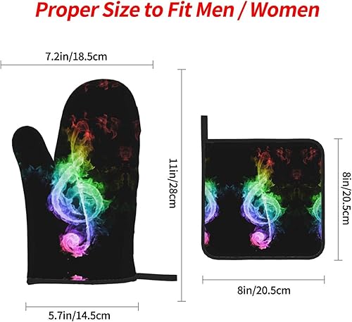 Miniatura 2 de Juego de 4 guantes de horno y soportes para ollas de notas musicales coloridas, resistentes al calor, antideslizantes, de algodón, para cocinar