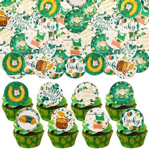 Gyufise 48 adornos comestibles para cupcakes del día de San Patricio, oblea de papel de trébol verde, palillos de cupcakes de la suerte para feliz día de San Patricio, temática irlandesa, baby shower