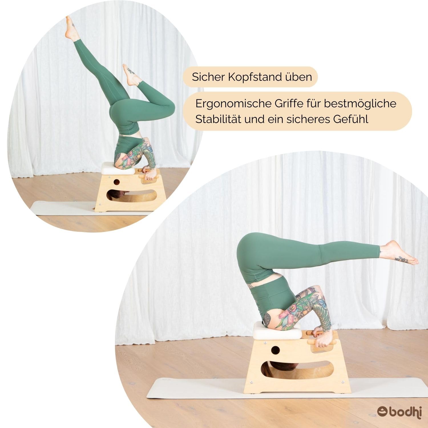 Bodhi Kopfstandhocker| Yoga Hocker aus Holz mit praktischen Griffen | Yogastuhl mit Polster für Umkehrhaltung | inkl Zusatzpolster