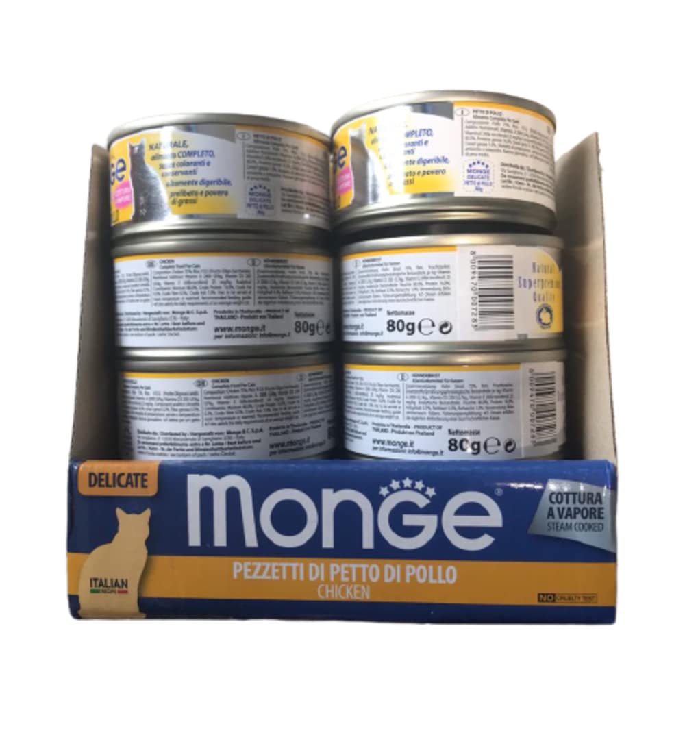 Monge delikatne naturalne superpremium jakość Kawałki kurczaka dla kotów, gotowanie na parze. Opakowanie 24 pudełka (80 gr. jeden). Naturalne, pełne jedzenie, bez barwników i konserwantów