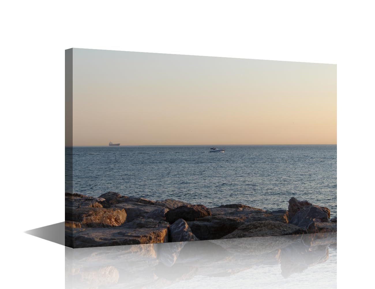 Wall Art Canvas Painting Seaside Sunset Rocks And Boats 1 Piece blue sea view Ocean Picture Poster Print Framed and Stretched Ready to Hang for Living Room Bedroom Kitchen Office (12"Wx18"H)