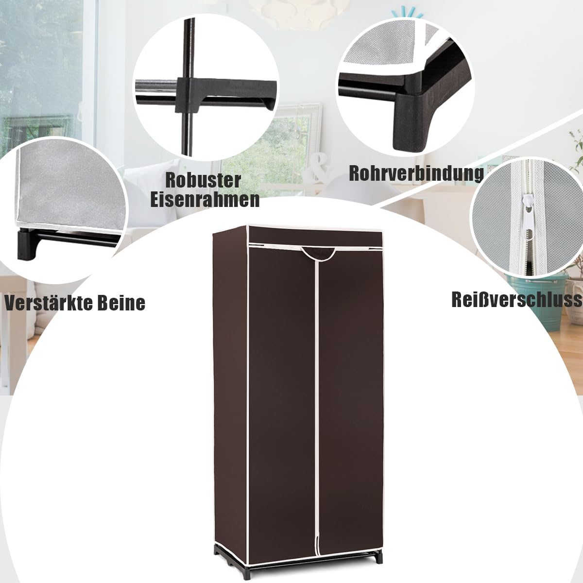SOARS Kleiderschrank, Stoffschrank mit Kleiderstange stabil & Ablage, Kleiderschrank Stoff mit Metallgestell, Faltschrank 74 x 50 x 172 cm, für Schlafzimmer, Ankleidezimmer (Braun)