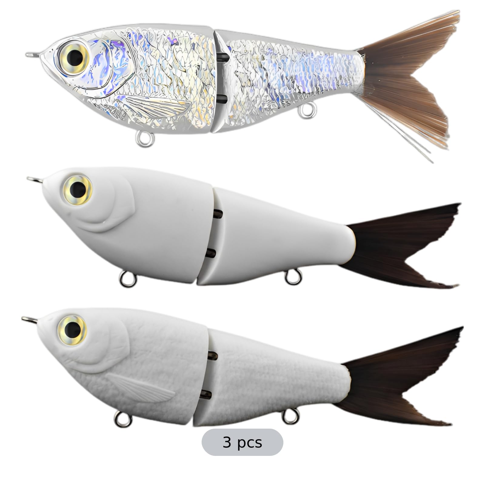 Lot de 3 leurres de pêche articulés, swimbait segmenté 120 mm, 4,7 in avec Queue en Fourrure, Motif à Vagues par marquage à Chaud, pour Bar, Truite, Saumon, leurre Dur ABS pour la mer