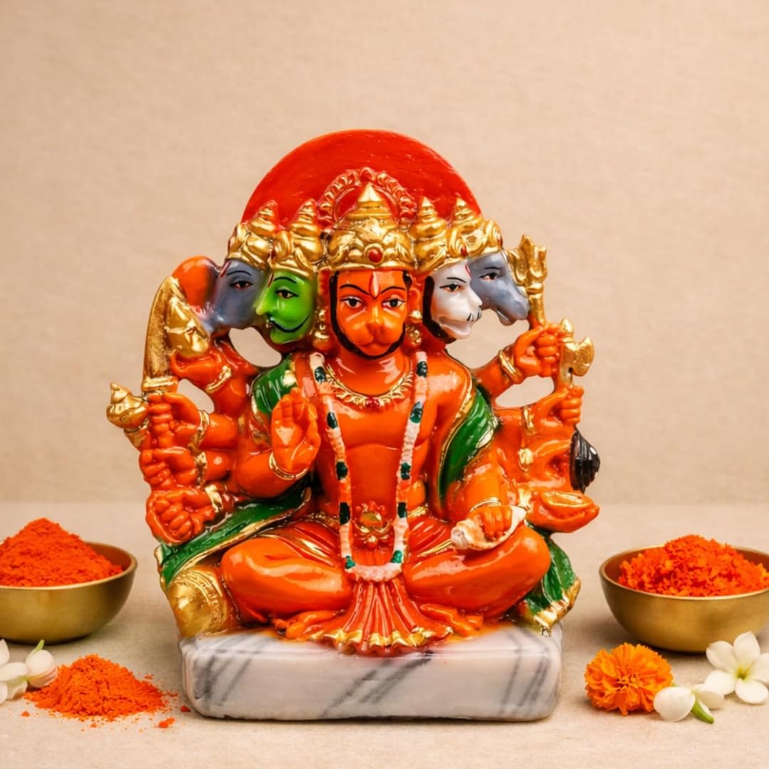 Servdharm Panchmukhi Hanuman Ji Murti | Statue for Home Decor, Gifting, Protection from Evil Eye 5.9" Orange