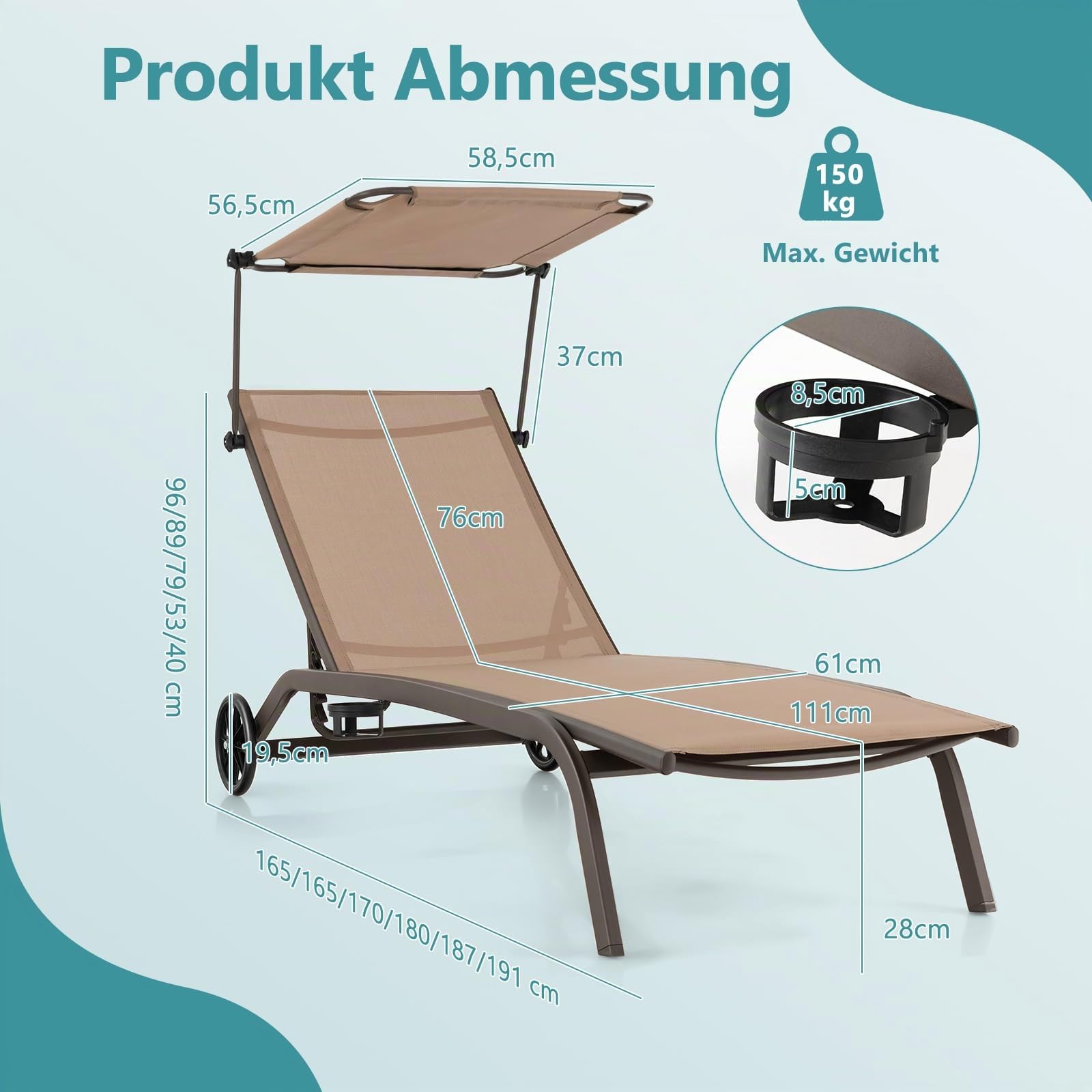GOPLUS Gartenliege, Sonnenliege mit Dach, Liegestuhl Garten mit Rollen & Getränkehalter, Rücklehne 6 stufig verstellbar, Gartenliege wetterfest, bis 150kg belastbar, 165 x 61 x 96cm (Braun)