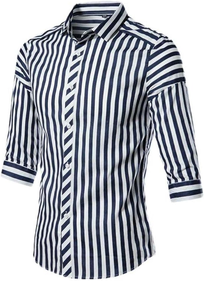 Summer Striped Shirt Color Block Men's Casual Single-Breasted Cardigan mid-Sleeved tie-up Lapel Stand Collar Business top