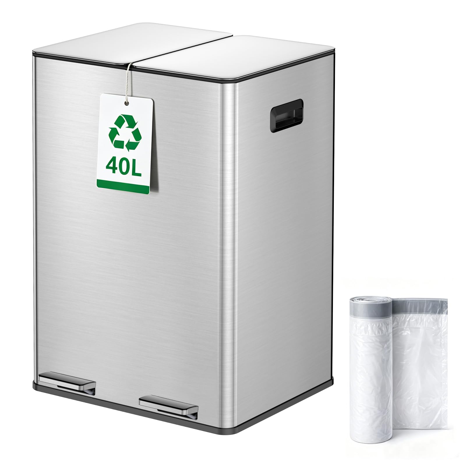 YEAUPE PRO Poubelle Cuisine 40L 2x20L, Système Tri Déchets Recyclage à Pédale 2 Bacs, Acier Inoxydable, Seaux Amovibles, Anti-Odeurs, Couvercle Soft Close, 15 Sacs Inclus, pour Cuisine Maison Bureau