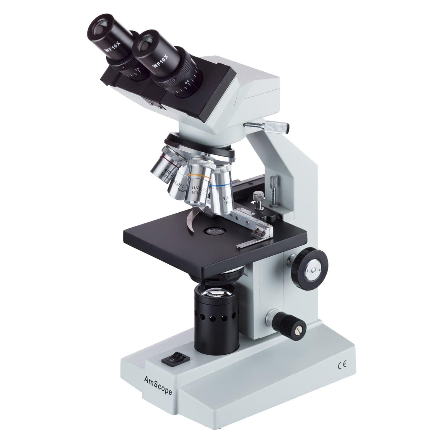AmScope - Microscopio compuesto binocular biológico 40X-1000X con etapa mecánica - B100-MS