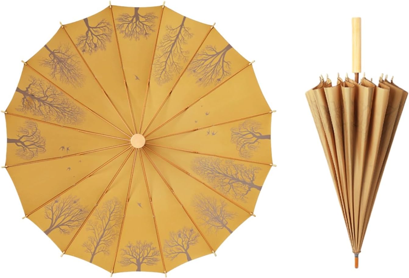 16-Rib Parasol Umbrella, Straight Wooden Handle Umbrella with Solid Wood Frame, Large Windproof Strong, Vintage Stick Umbrella for Women