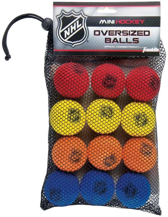 Franklin Sports Knee Hockey Balls – Indoor Mini Foam Hockey Balls for Kids – 12 Soft Foam Hockey Balls – Assorted Colors – Drawstring Bag