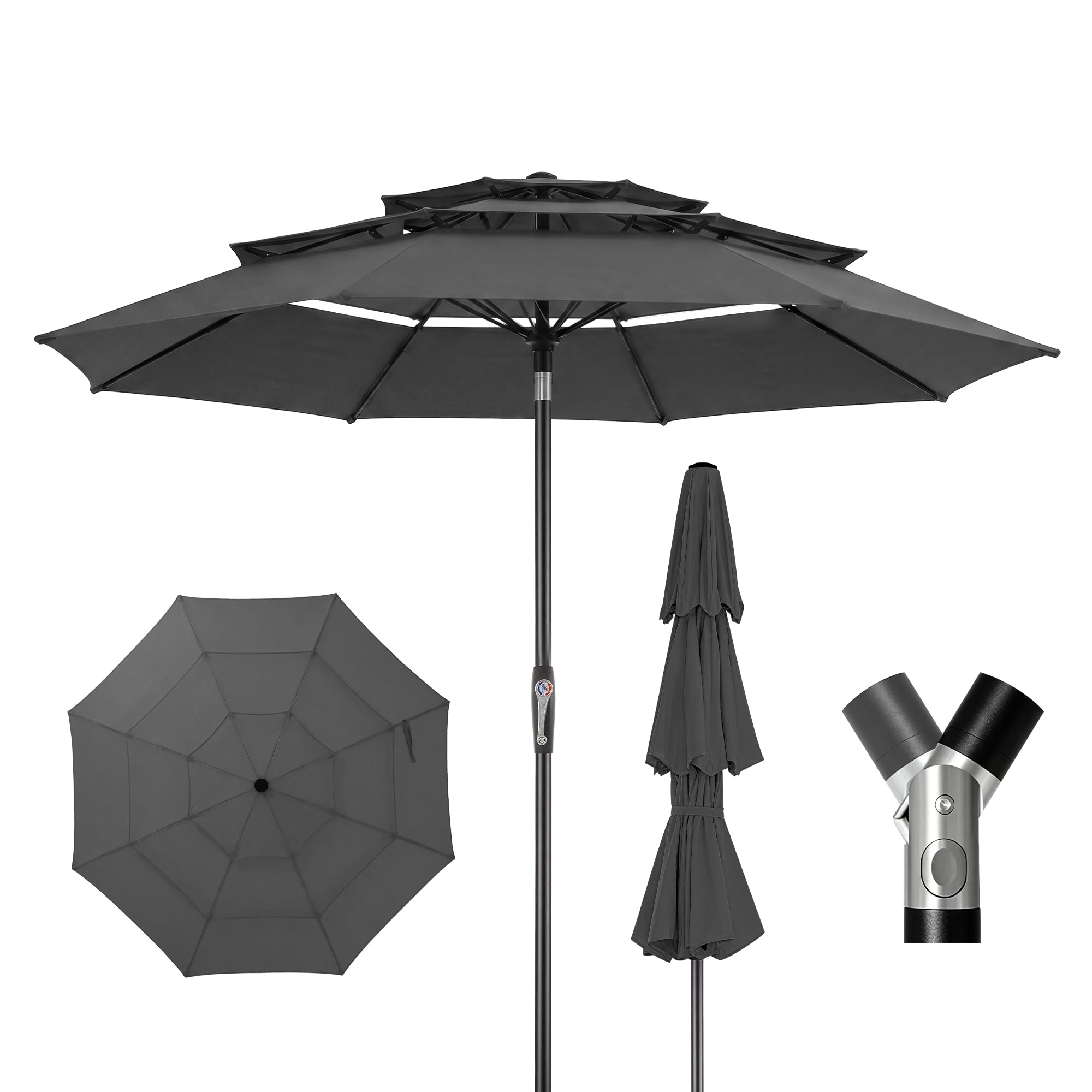 LUE BONA Sonnenschirm Ø300 cm,Sonnenschirm mit 3-Stufges Belüftetes Dach,Knickbar Marktschirm Windfest mit 8 Glasfaserstreben & Kurbel,UPF 50+ Terrassenschirm für 8 Personen,Anthrazit (Ohne Sockel)