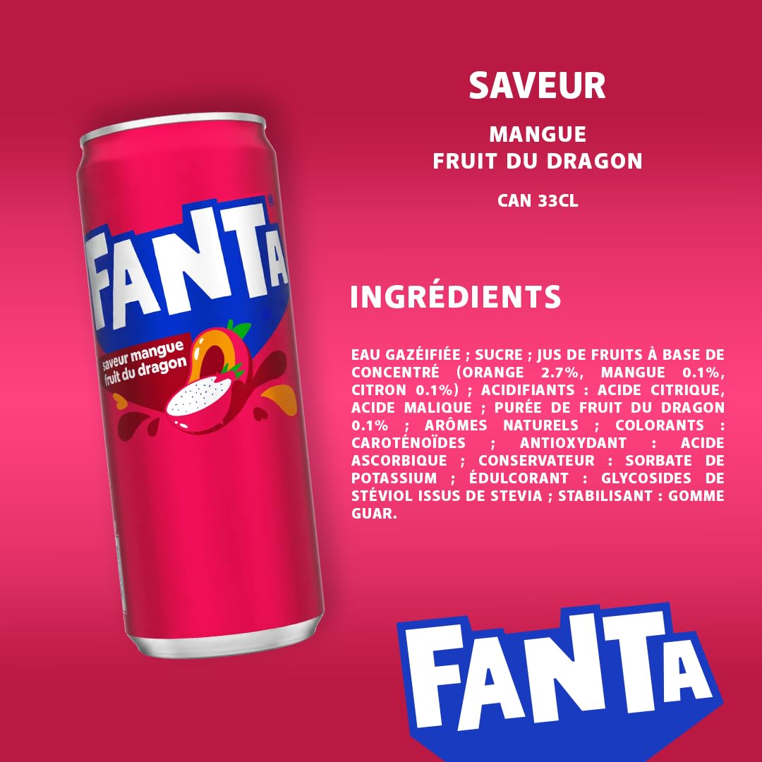 Fanta Saveur Mangue Fruit du Dragon, Boisson Gazeuse, Canette 33cl, Lot de 24