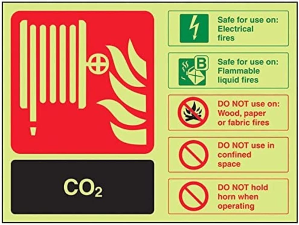 V Safety Glow In The Dark Carbon Dioxide Co2 Id Fire Extinguisher Sign - 200mm x 150mm - Rigid Plastic