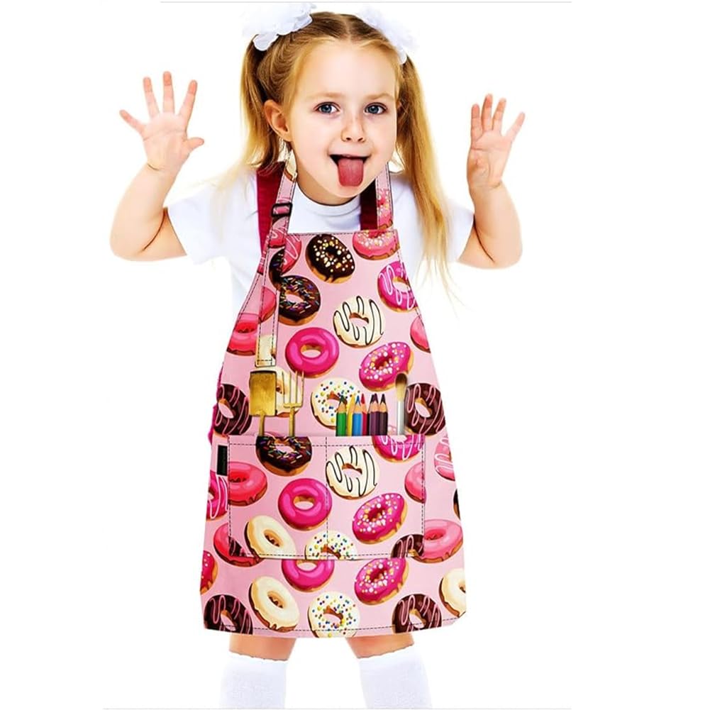 YeeHeen Kids Apron Children Artist Painting Smock Waterproof Art Apron with Pocket Doughnut Pink - Image 3